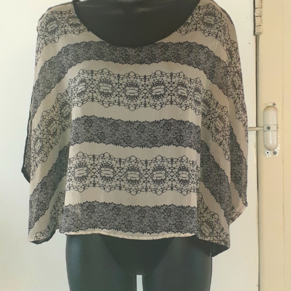 Blouse, Black and Gray, Size Large, Paisley and Rose print, partially see thru.